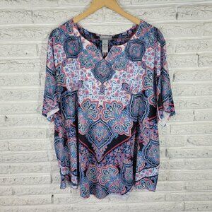 Catherines 3X Plus Size Tunic Top Blue Pink Geometric V-Neck Rhinestone GEO257E